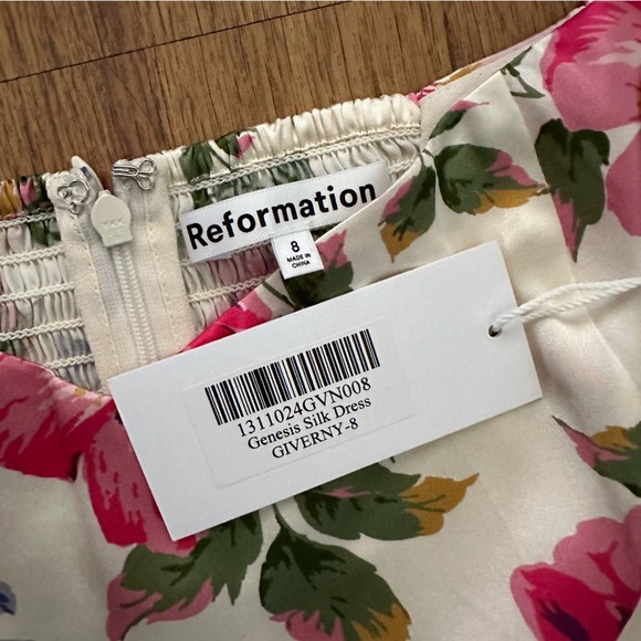 Reformation Beige Floral Genesis Off The Shoulder Back Smoking Silk Dress size 8 - Picture 9 of 13